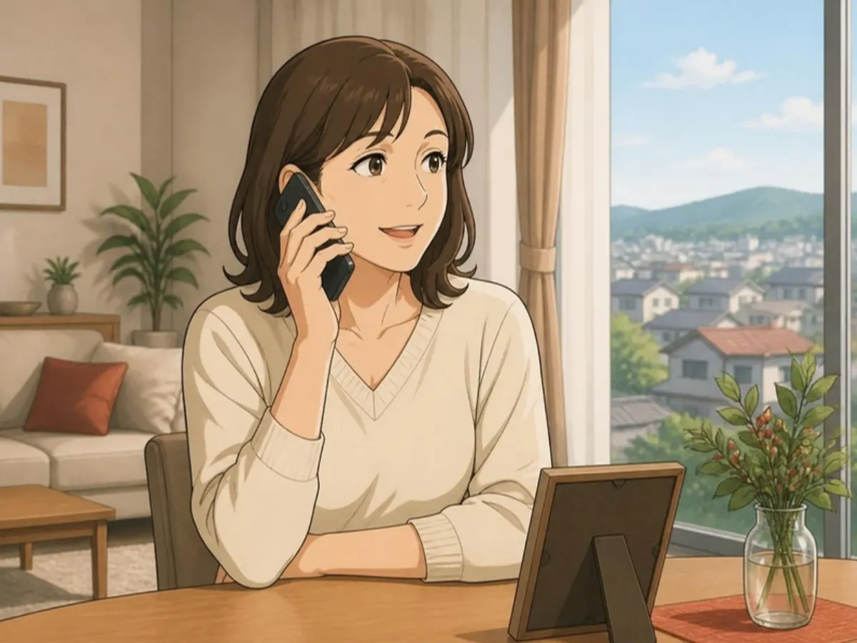 離れて暮らすご家族が、窓辺で電話をしながら安心した表情を浮かべているイラスト