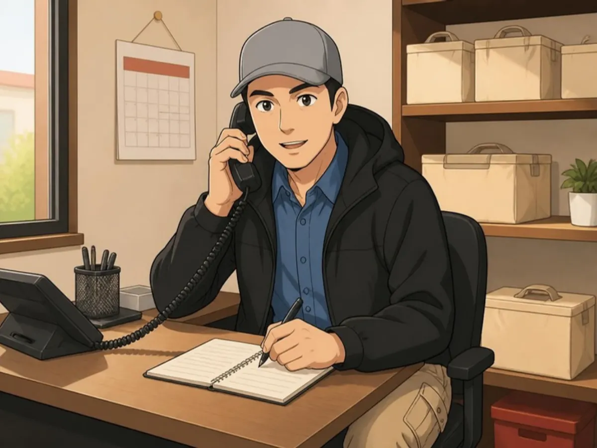 店の机で、店長が電話でご相談を受けているイラスト